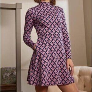 Sz 10 NWOT Boden Dust Cloud Pink Petal Geo Mock Neck Jacquard Sweater Dress Mod